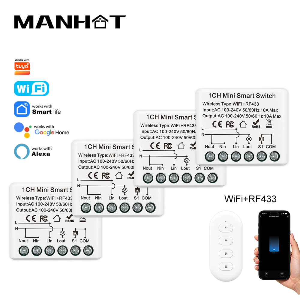 Home Automation Ideas - 10A มินิ WIFI สมาร์ทสวิตช์ RF433Mhz รีโมทคอนโทรลไร้สายรีเลย์ไฟเบรกเกอร์ควบคุมด้วยเสียงระบบอัตโนมัติในบ้านทำงานทูย่า